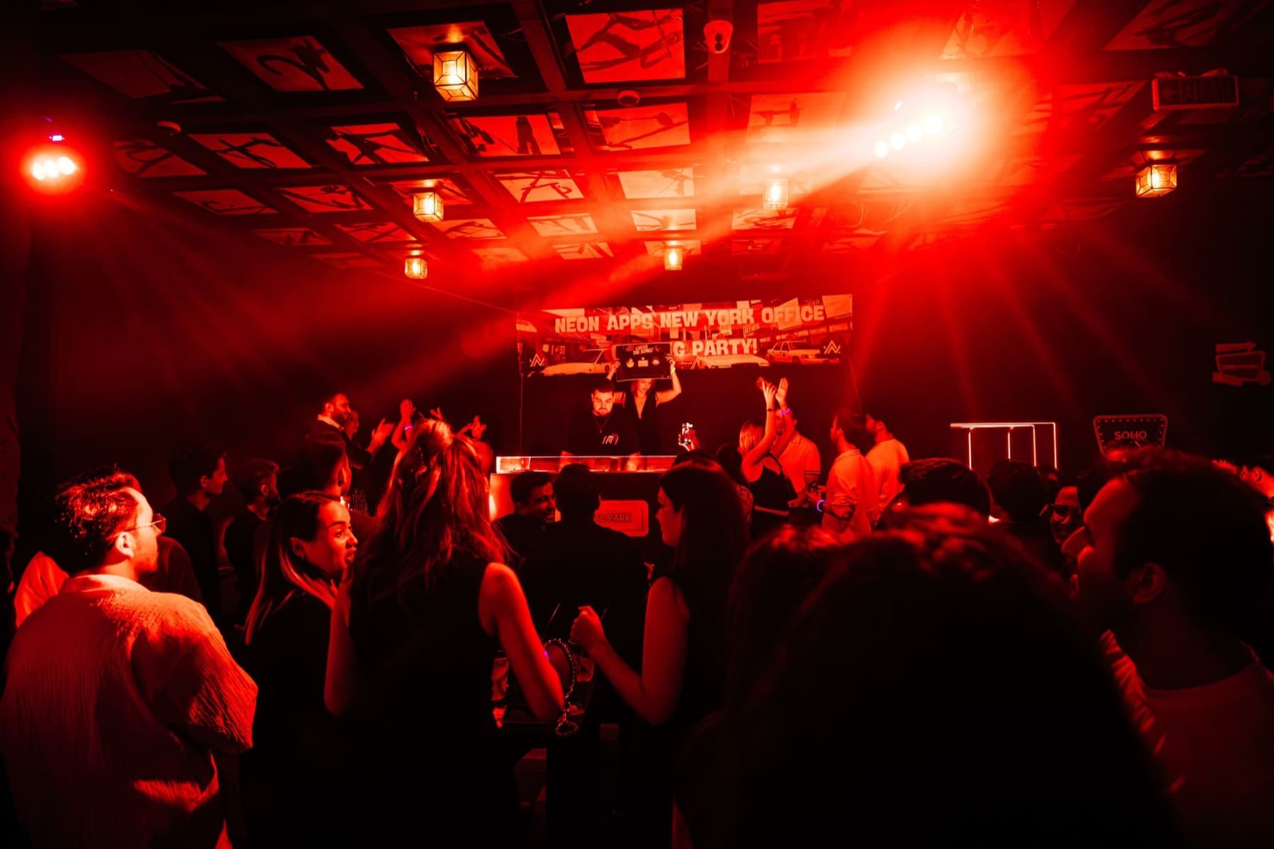 The banner above the DJ booth at the Neon Apps New York office opening party in Istanbul