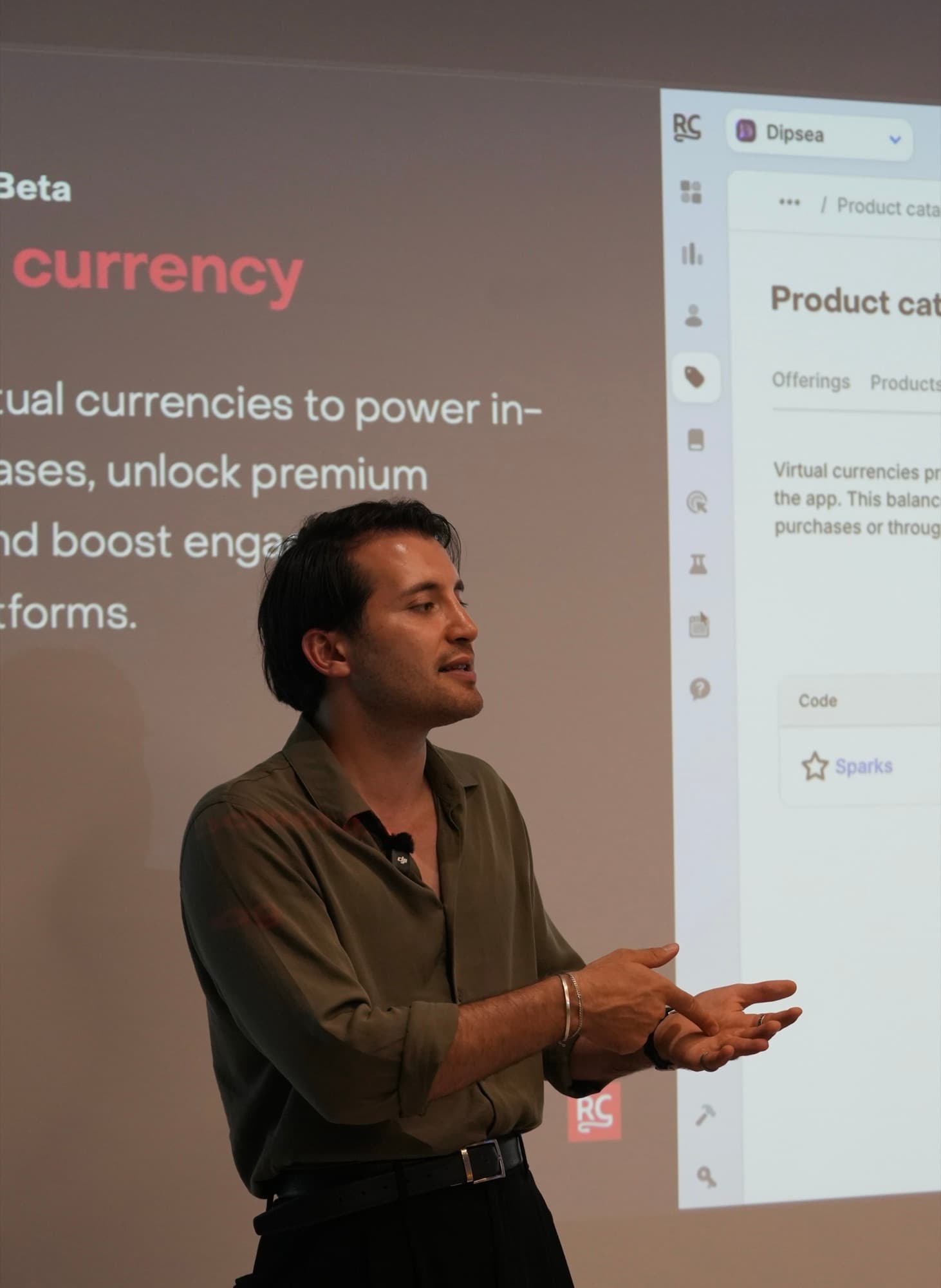 Tyler Blackford presenting RevenueCat's virtual currency feature to Turkish app developers in Istanbul, 2026