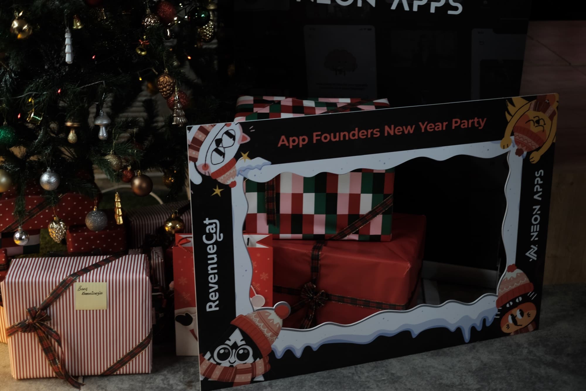 The App Founders New Year Party photo frame beside the tree at the Neon Apps office in Istanbul, December 2025
